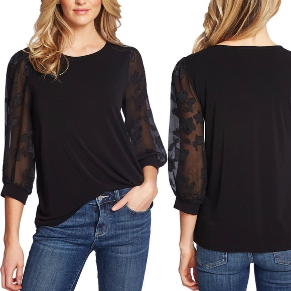 NWT CeCe Lace Sleeve Crepe Blouse XS (0-2) - Picture 1 of 7